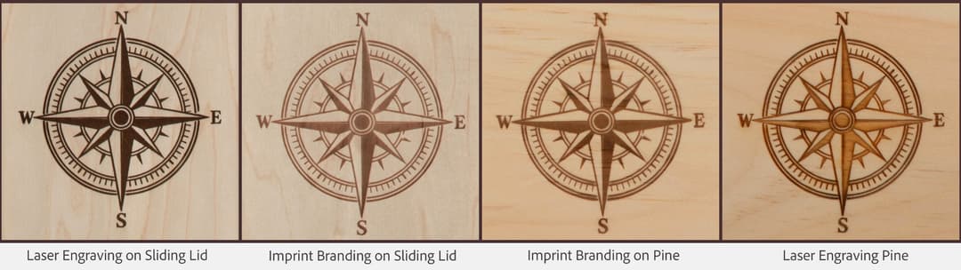 The same compass design laser engraved and imprint branded on a sliding lid and on pine, side by side
