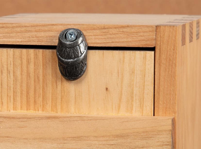 Close-up of box joint corner construction on an Eastern White Pine wood box