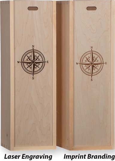 Two sliding-lid boxes with the same compass design, one laser engraved and one imprint branded