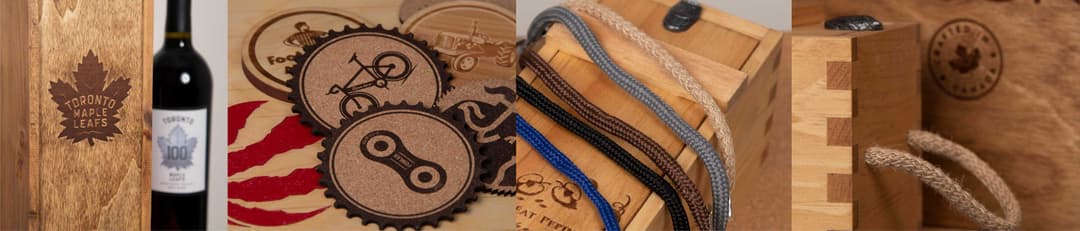 Examples of custom wood box branding, laser-cut coasters, and rope handle accessories