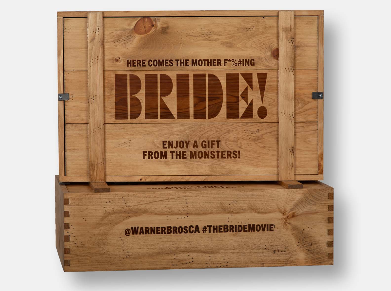Custom wooden merch crate with an inset lid, made for the Warner Bros. film "The Bride".