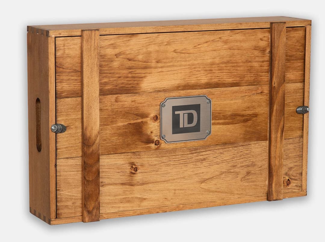 Custom wood retirement box with a brushed silver engraved plaque.