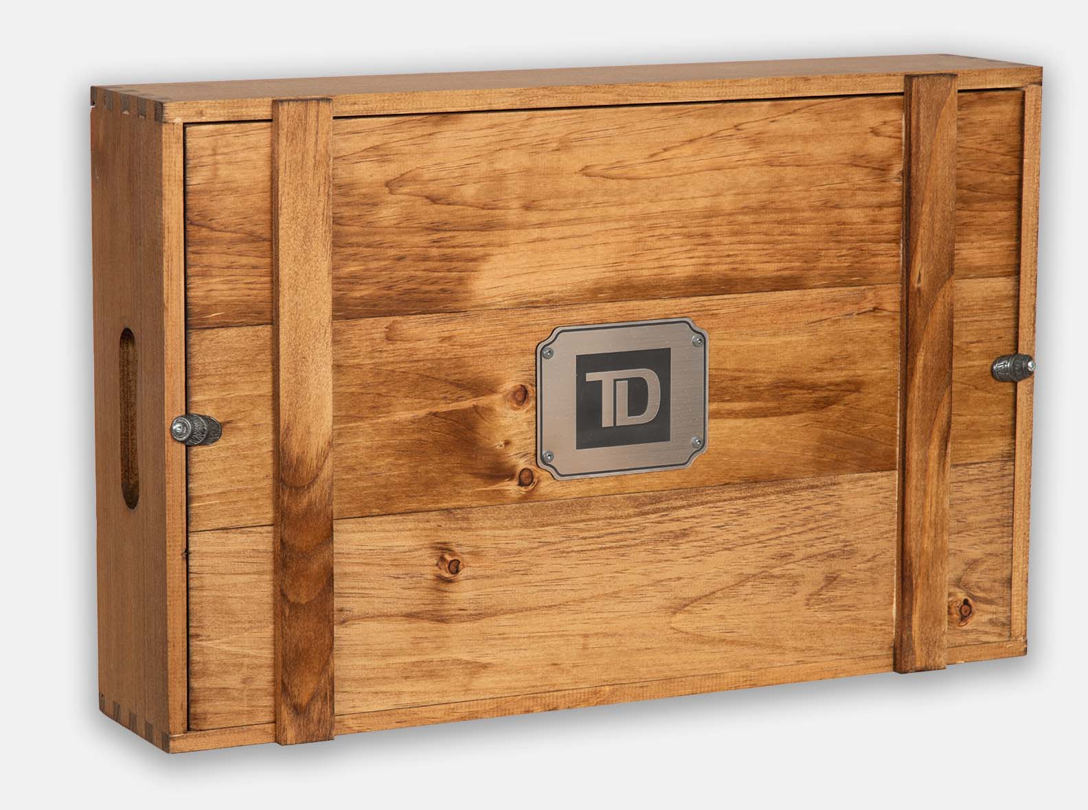 Wood box with metal engraved plaque