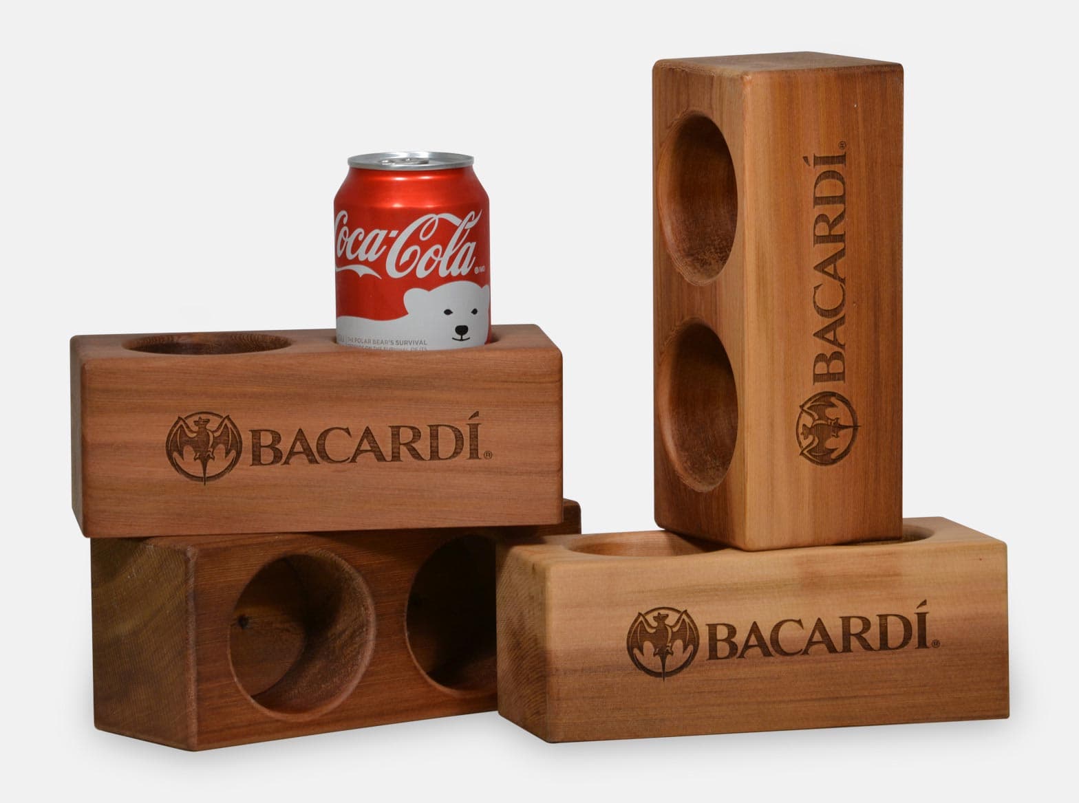 Wooden display holder made for a Bacardi and Coca-Cola co-promotion.