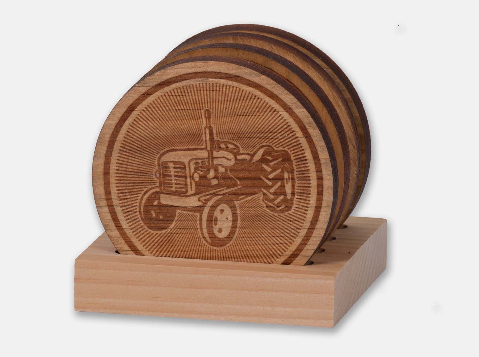 Engraved wooden coasters with a stand