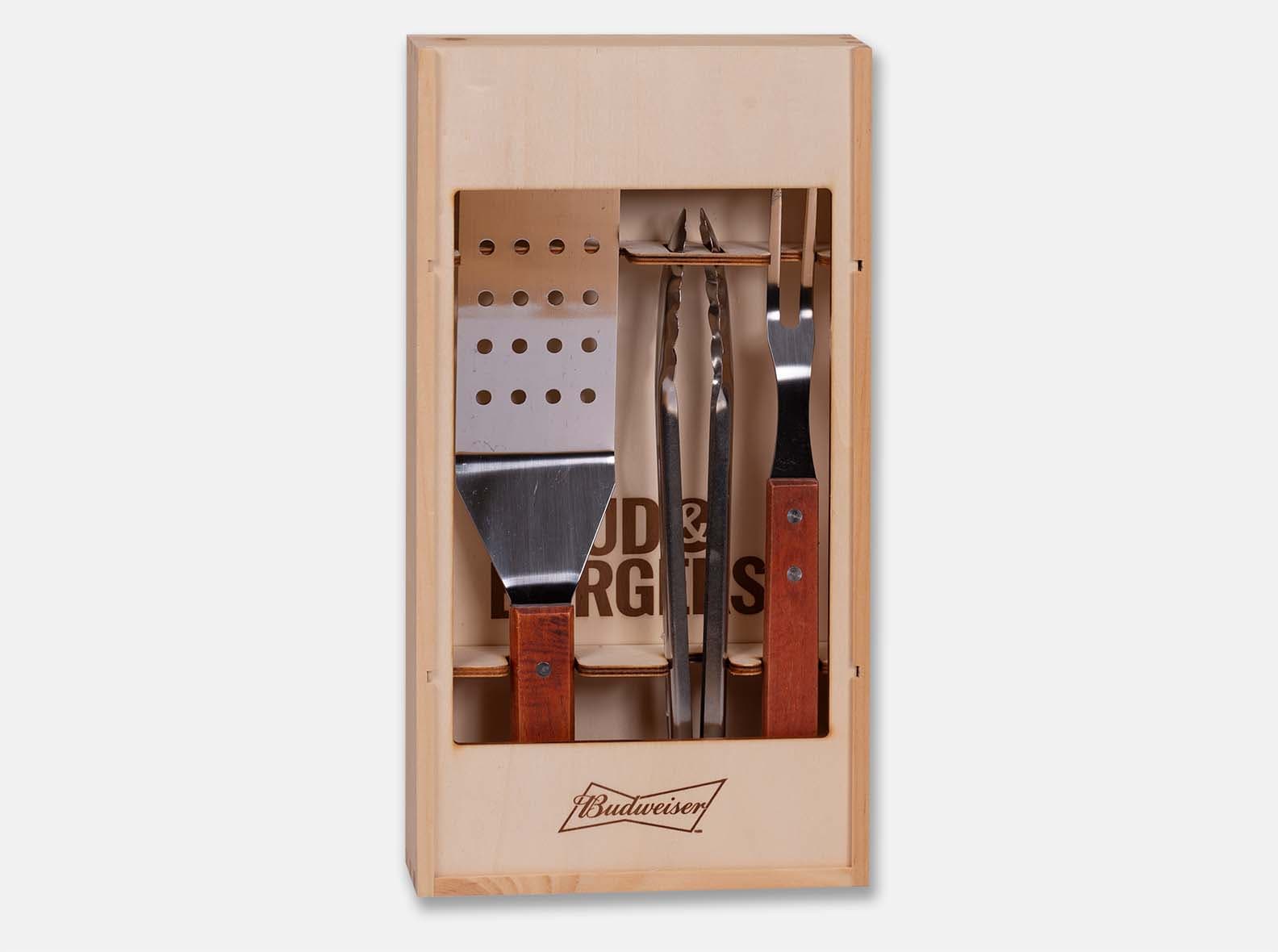 Wooden sliding-lid box with CNC-cut yokes, made for a Budweiser Bud & Burgers BBQ set.