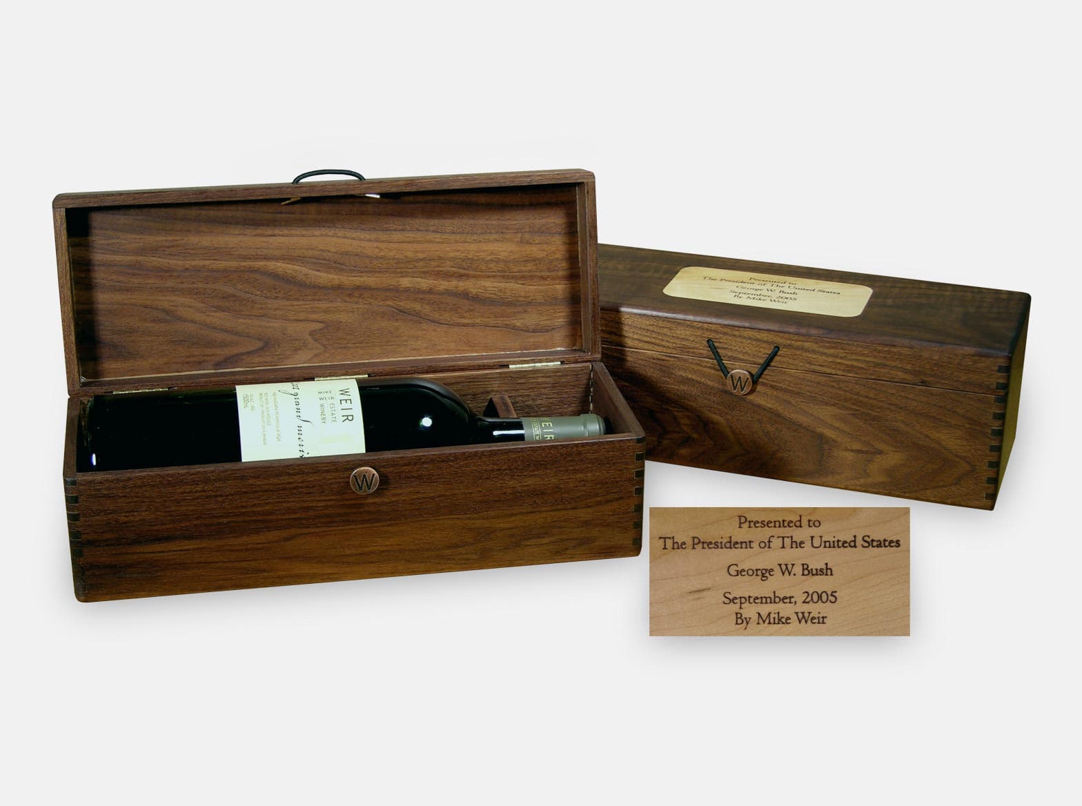 Black walnut wine presentation case with a maple inlay, presented to a former U.S. president.