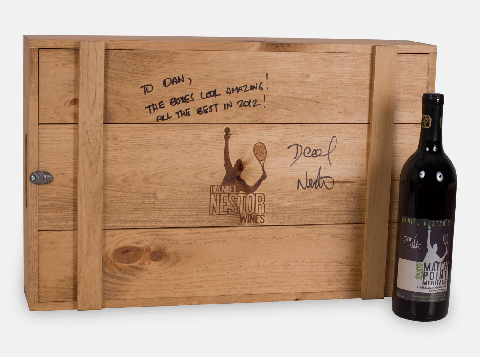Wooden shipper case for six bottles, made for Daniel Nestor Wines.