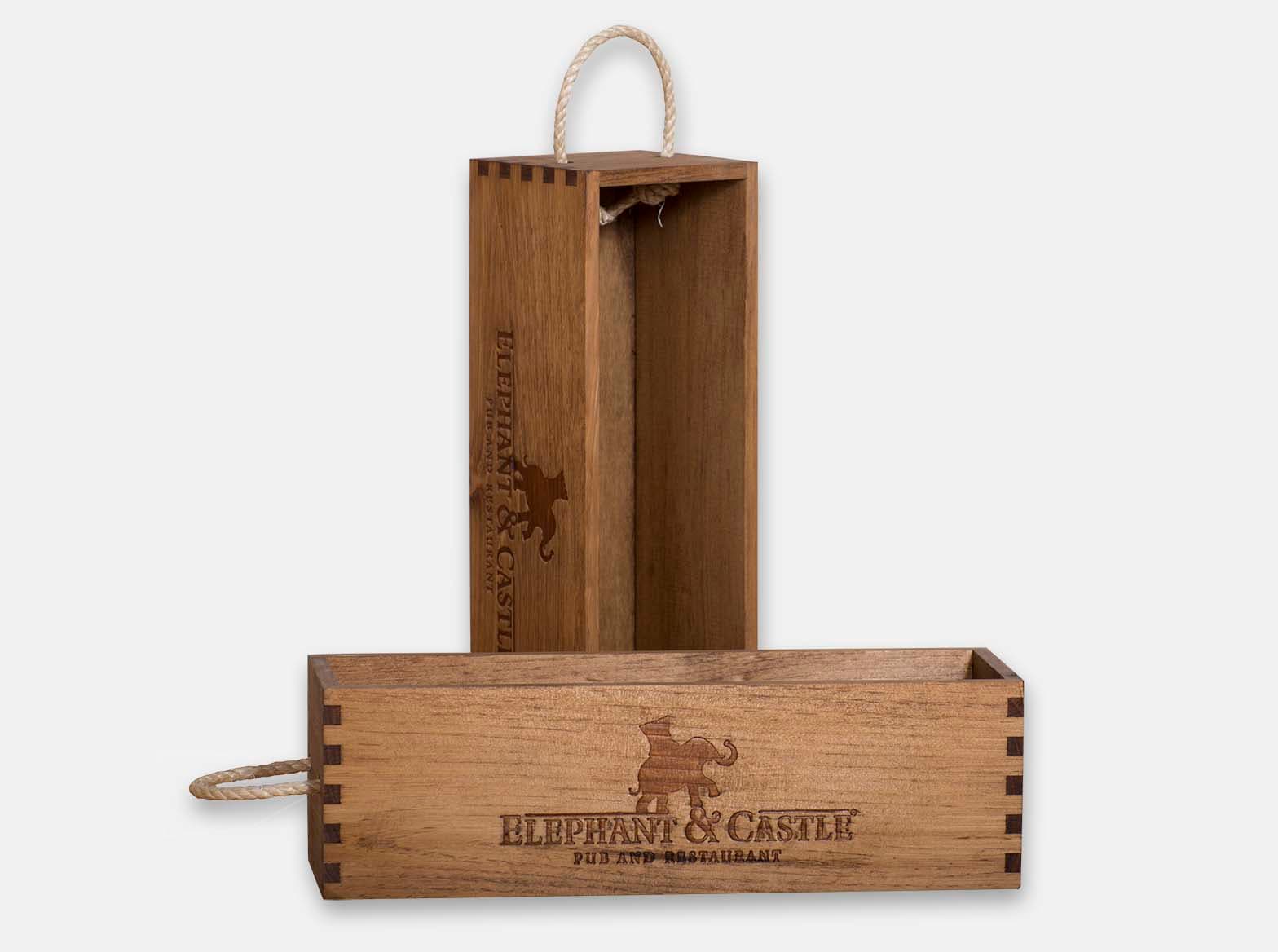 Wooden condiment box with a rope handle, made for Elephant & Castle restaurant.