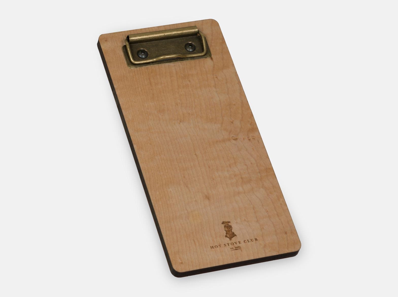 Wooden bar bill clipboard with a brass clip and engraved logo.