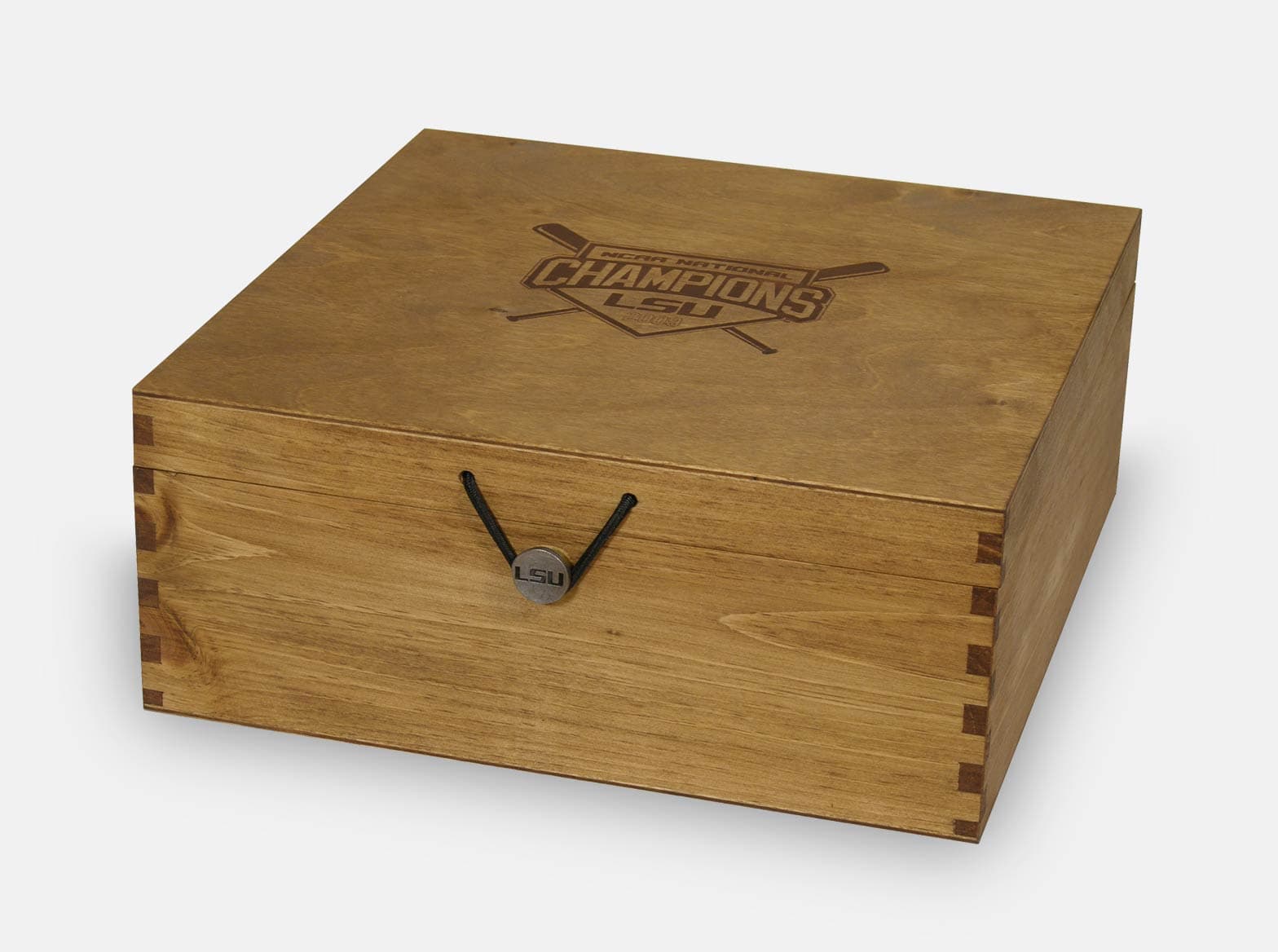 Wooden hinged season-ticket box with dividers, made for LSU football.