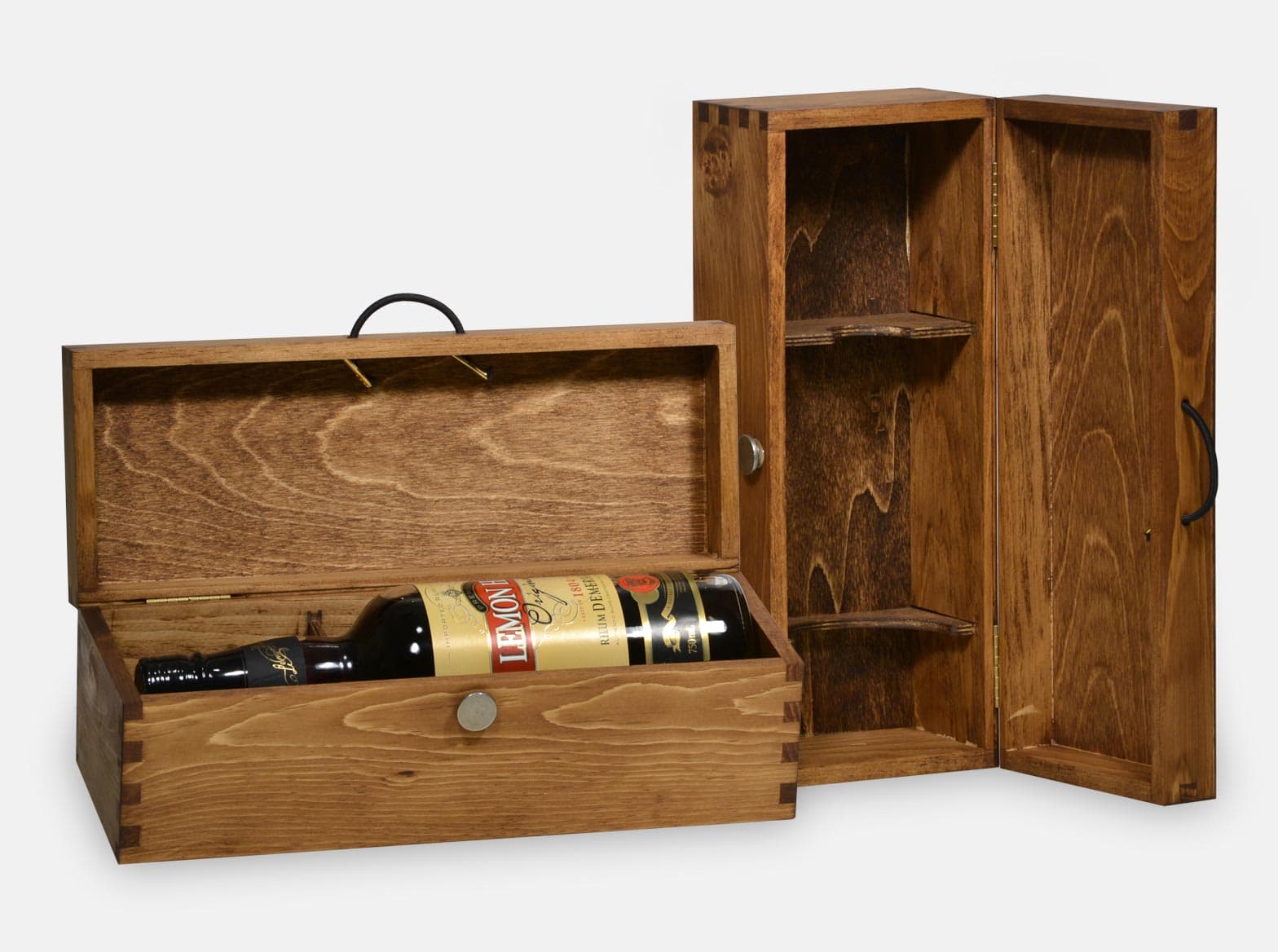 Hinged wooden single-bottle presentation box with a custom yoke and pewter button closure.