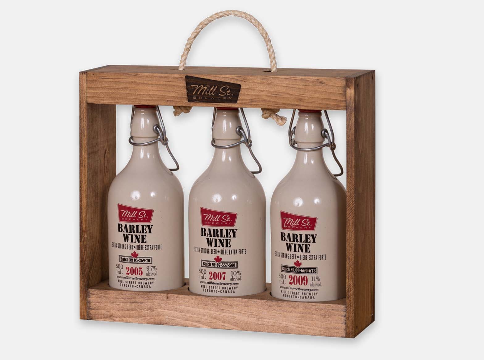 Wooden beer tote with a jute handle, made for Mill Street's 3-pack sampler.