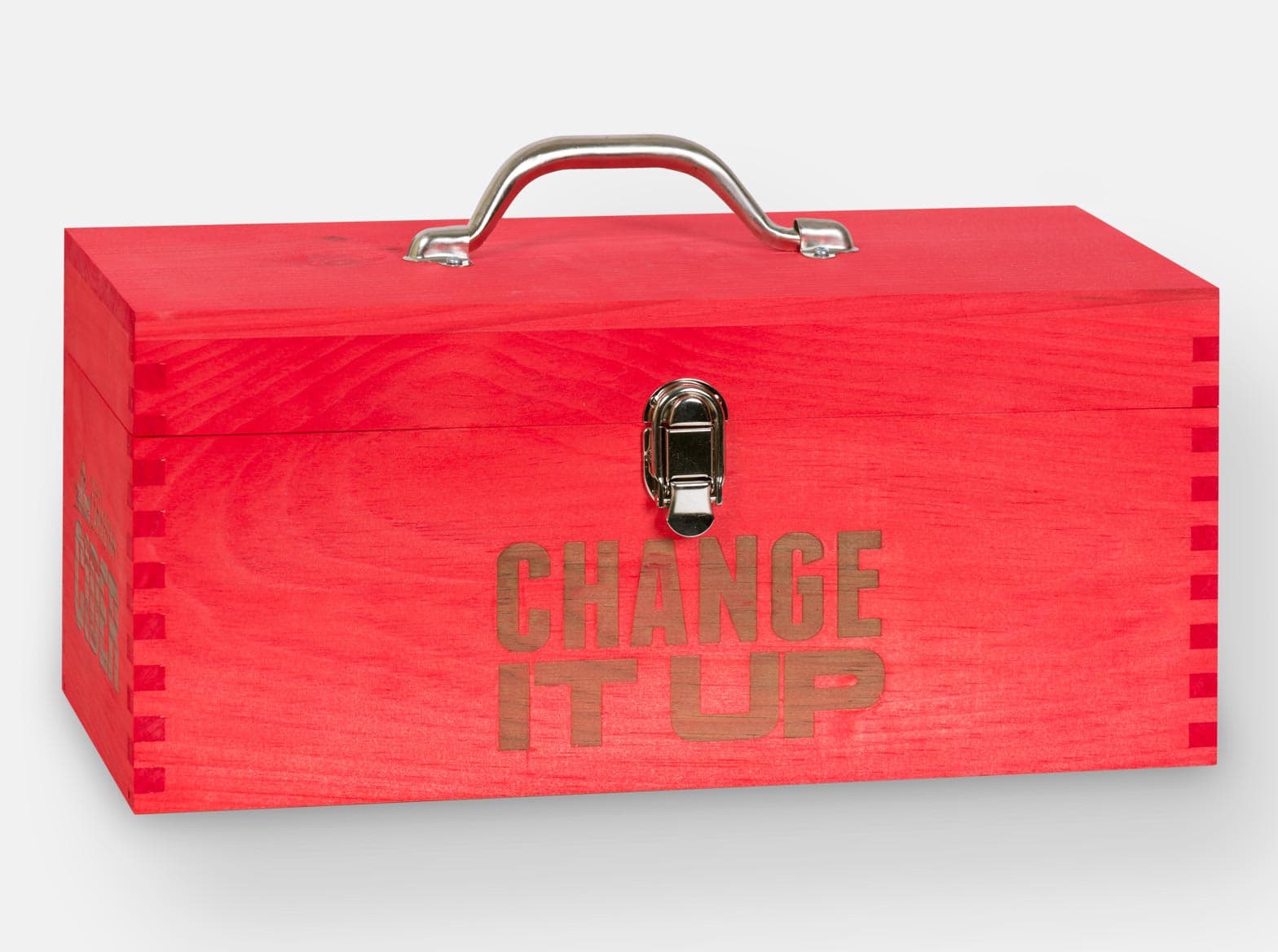 Wooden toolbox-style presentation case with a red aniline stain, made for a cider promotion.