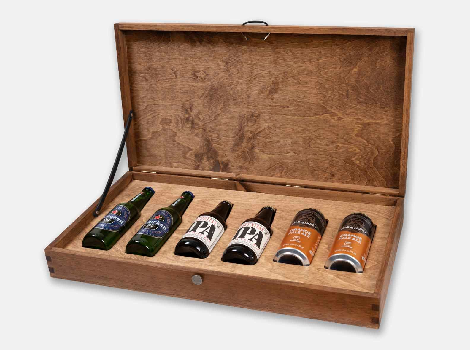 Hinged wooden briefcase-style box with a leather stay, made for Molson MQ promotion.