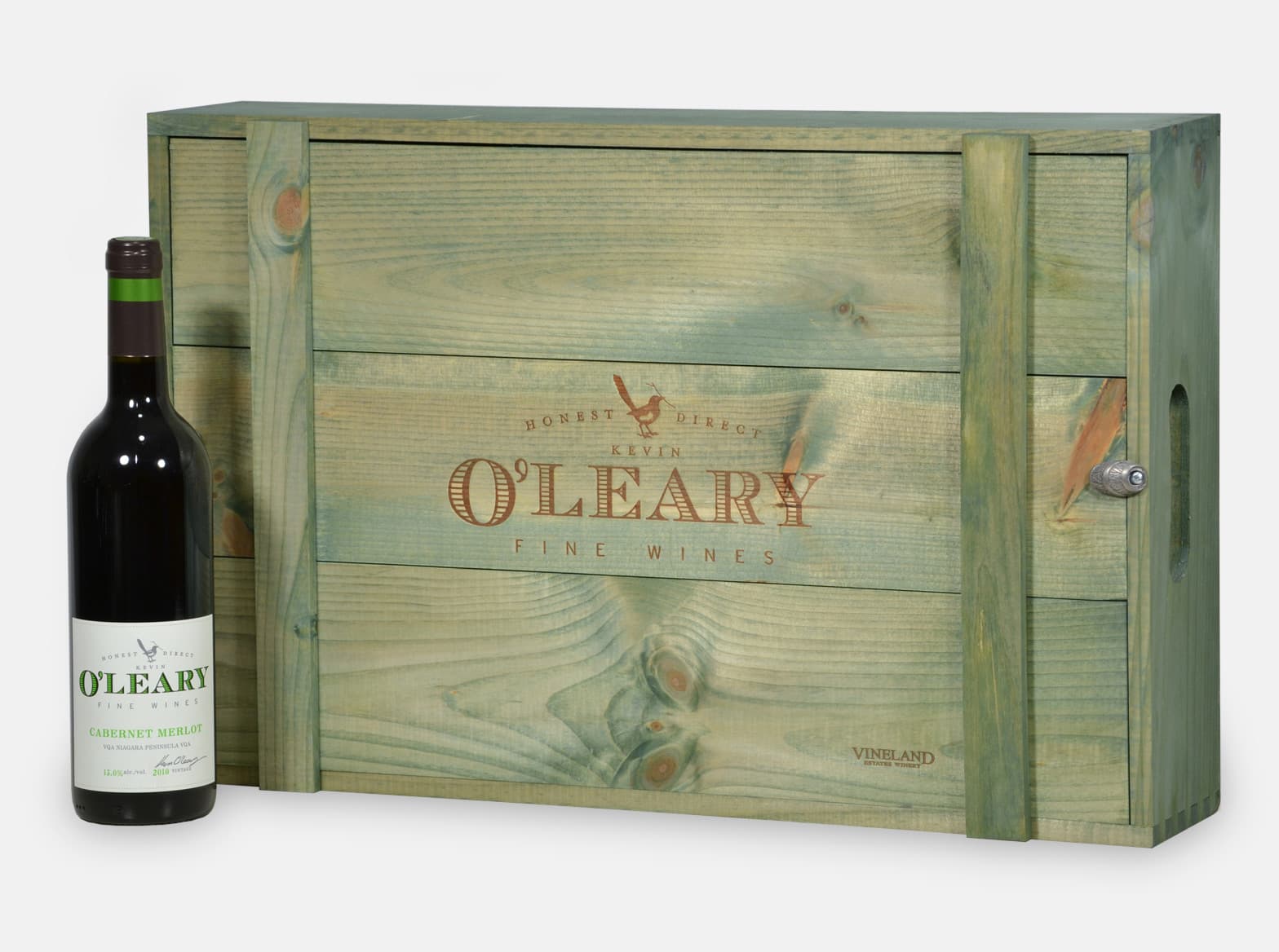 Wooden wine shipper crate for six bottles, made for O'Leary by Vineland Estates Winery.