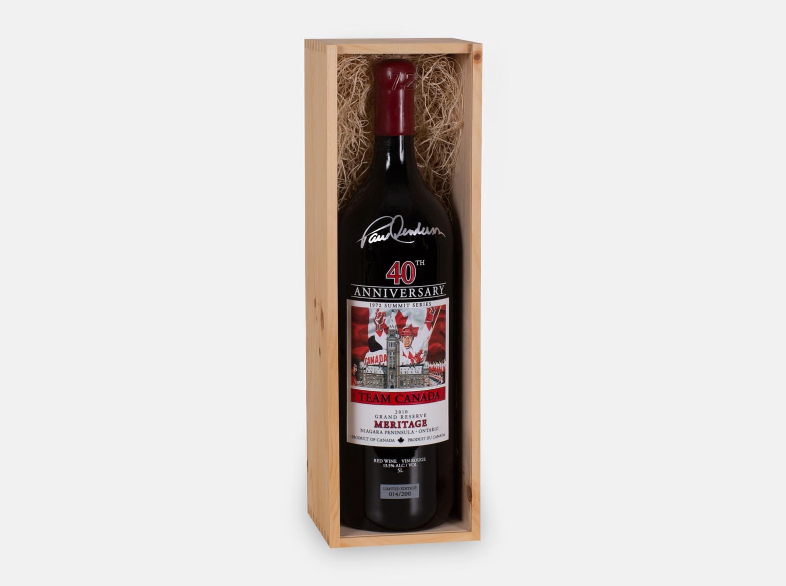 Wooden display box with an acrylic lid, built for a 5-litre Team Canada wine bottle.