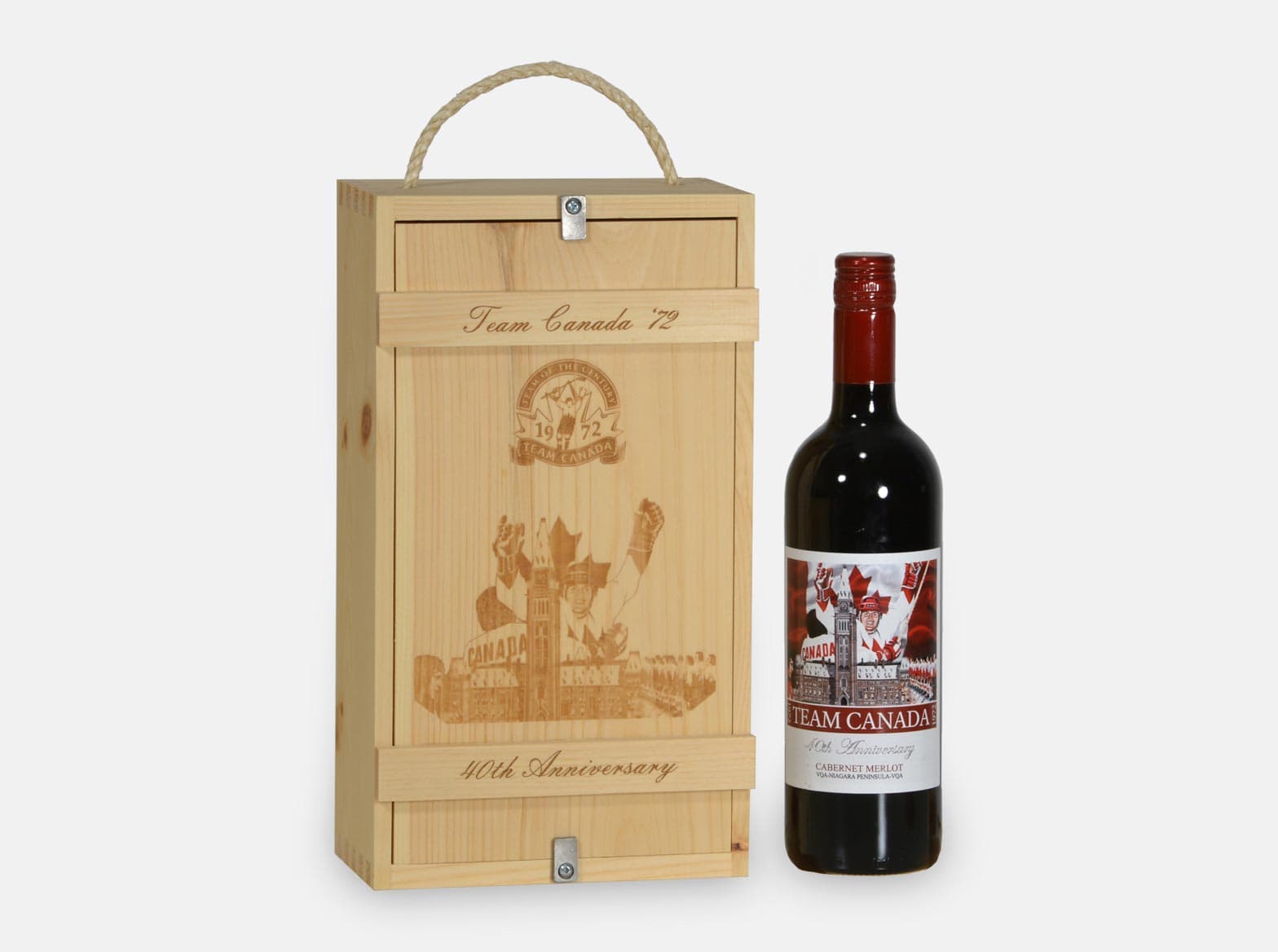 Wooden presentation box for two bottles of wine, made for Team Canada.