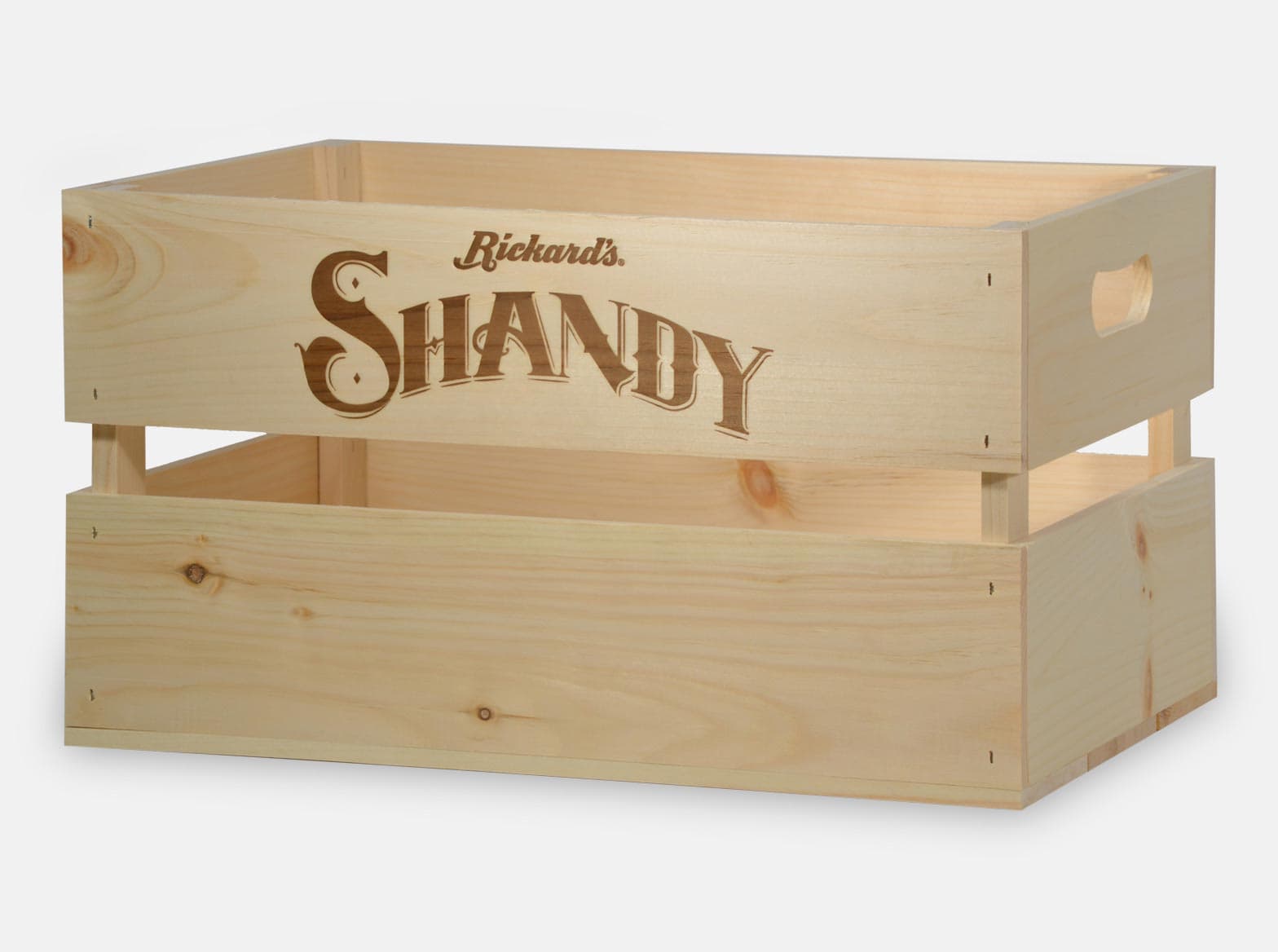 Wooden beer crate with cut-out handles, made for Rickard's Shandy.