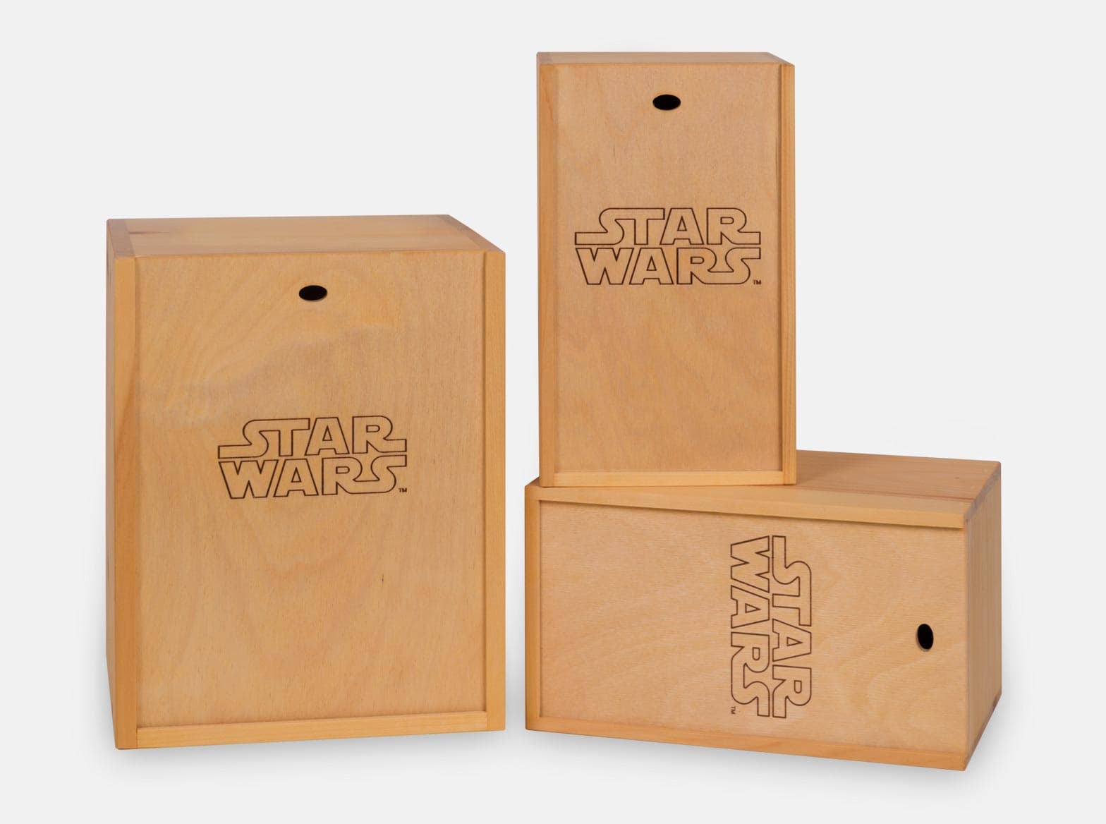 Wooden presentation gift box with a sliding lid, made for Star Wars collectible figurines.