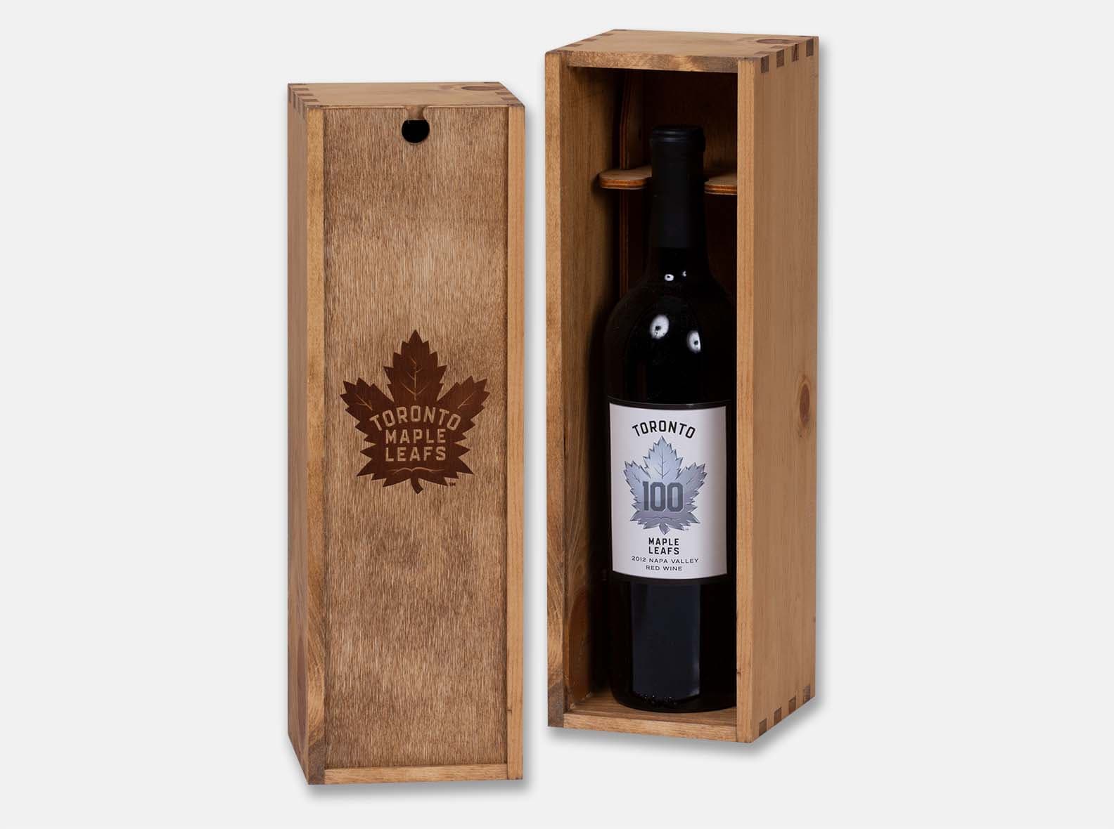 Wooden wine box with a custom yoke, made for the Toronto Maple Leafs' 100th anniversary.