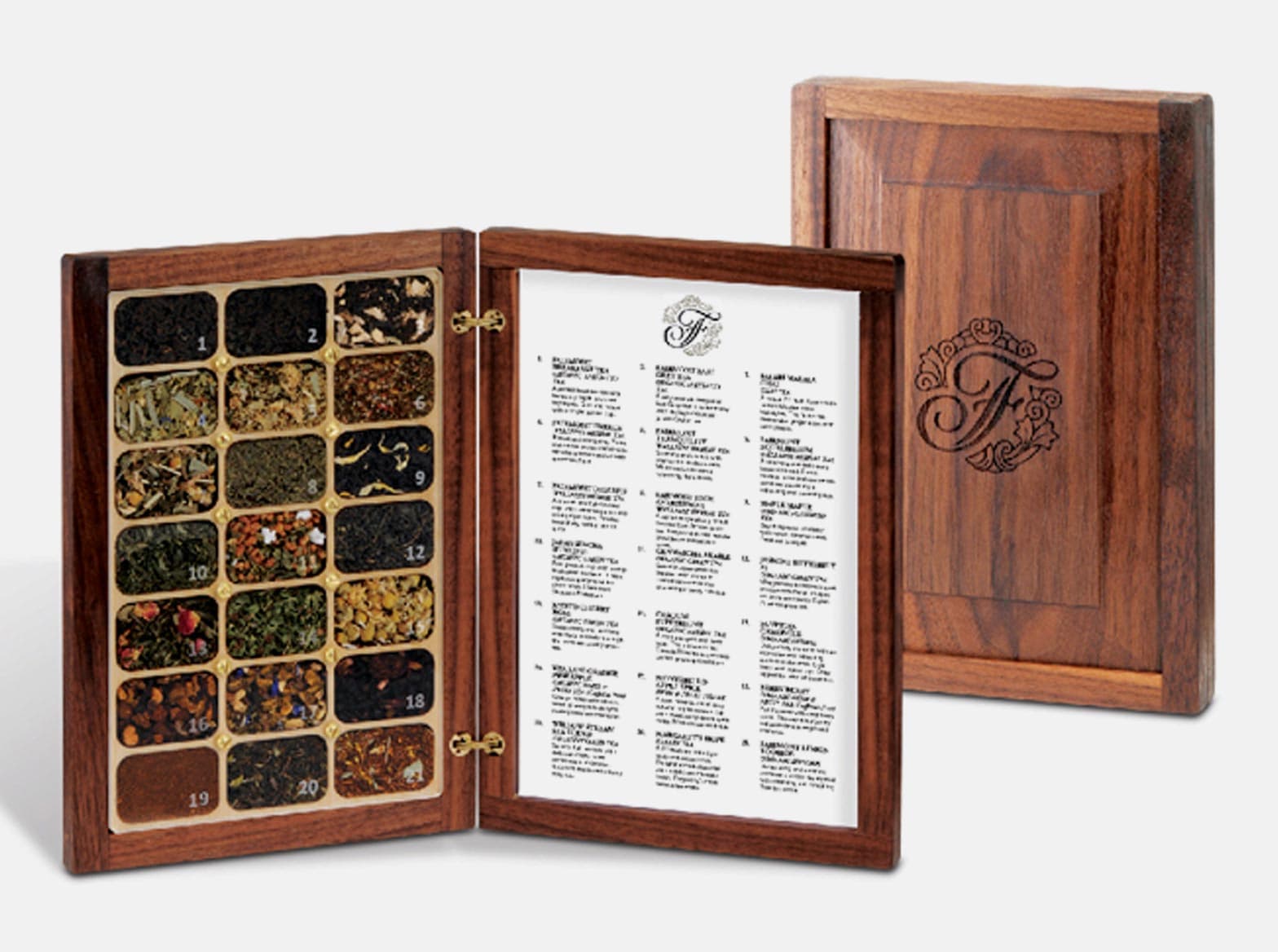 Hinged wooden tea menu for the Fairmont.