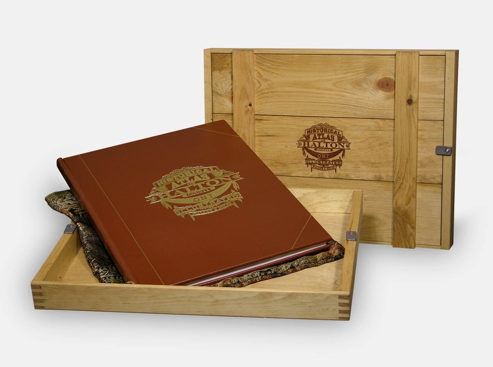 Wooden keepsake box with an inset lid and pewter twists, made for the Halton Region Museum.