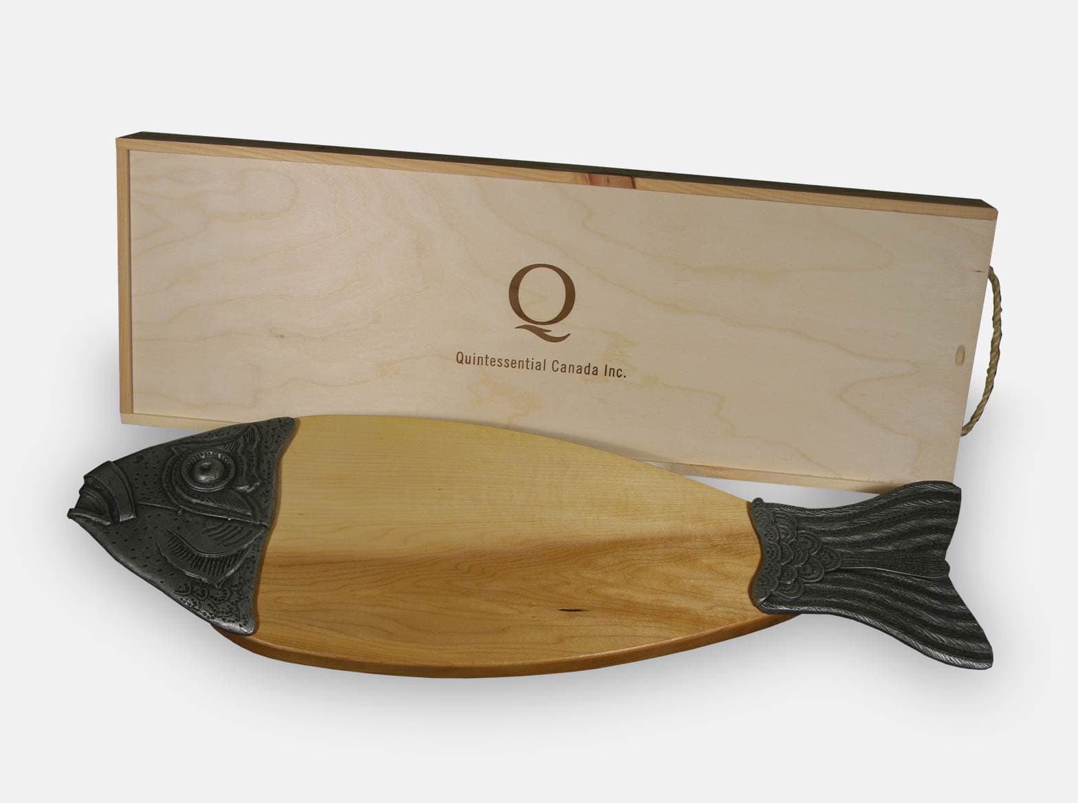 Maple fish platter with a pewter fish head and tail, presented in a wooden sliding-lid box.