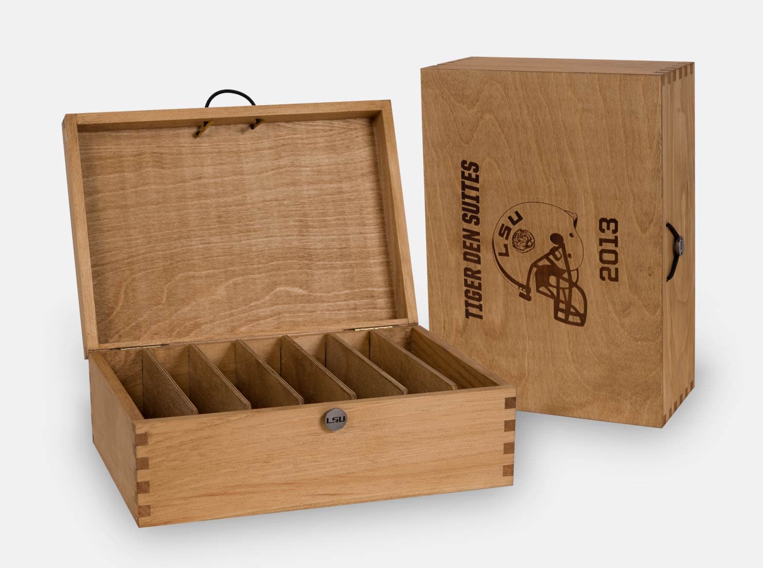 Wooden hinged season-ticket box with a pewter button, made for a football club.