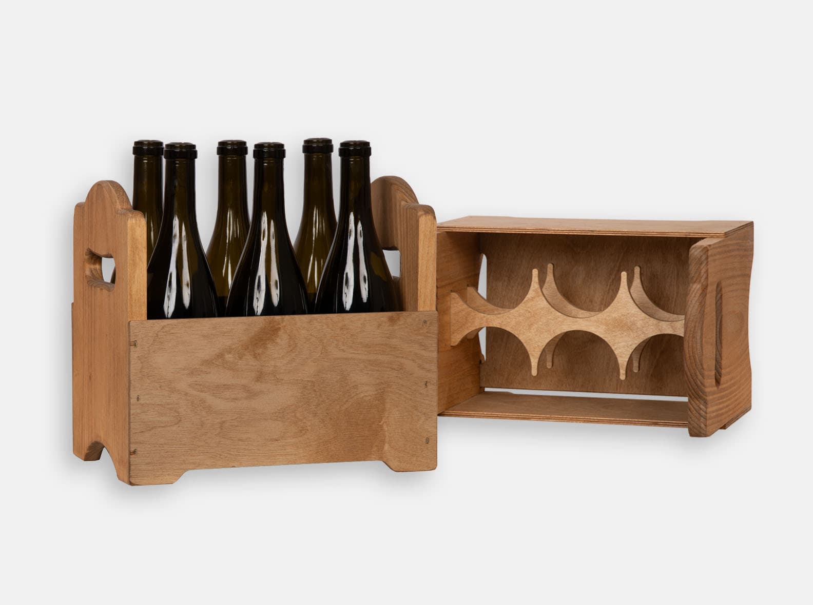 Wooden tote holding six 750ml wine bottles, finished with antique pine oil.