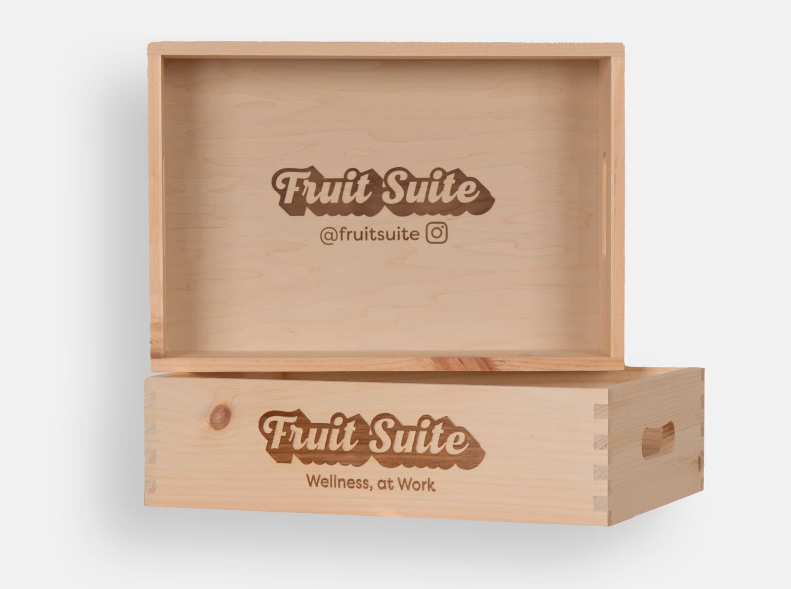Wooden food service carry case with CNC-cut handles and logo branding.