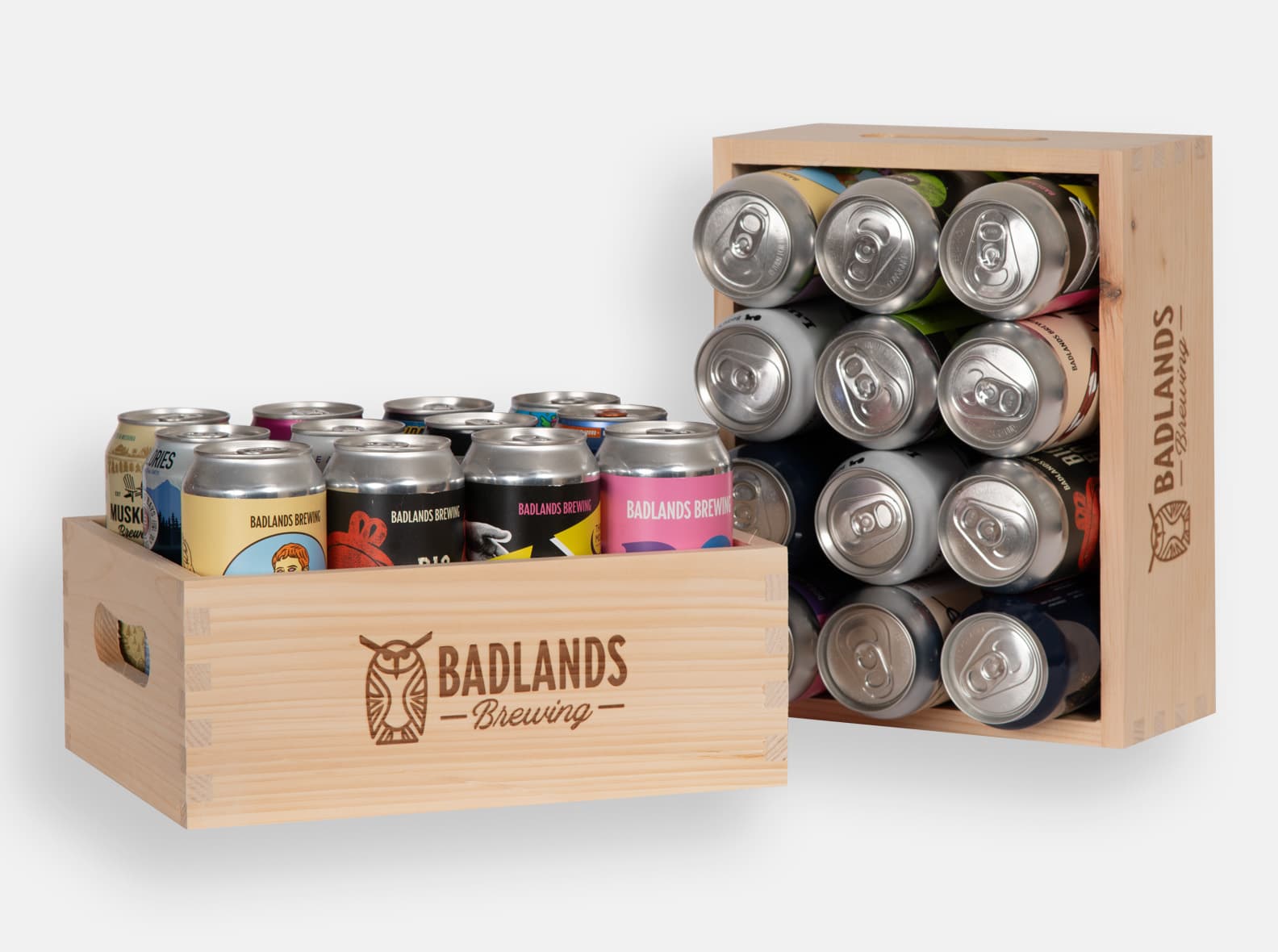 Wooden beer tote holds 12 cans.