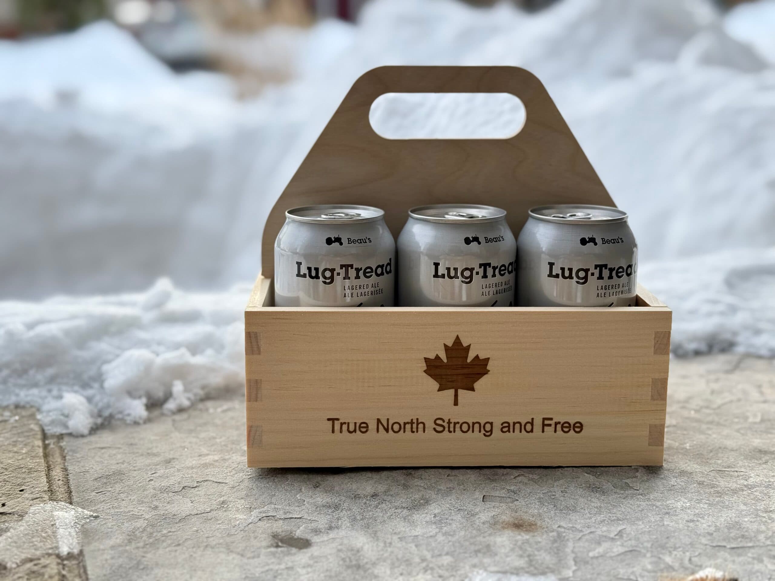 Wooden 6-can beverage tote "True North Strong and Free".