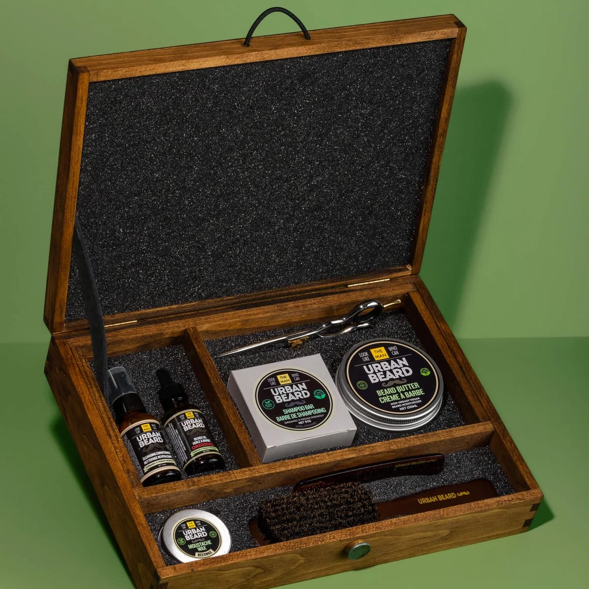 Hinged wooden beard-care gift box