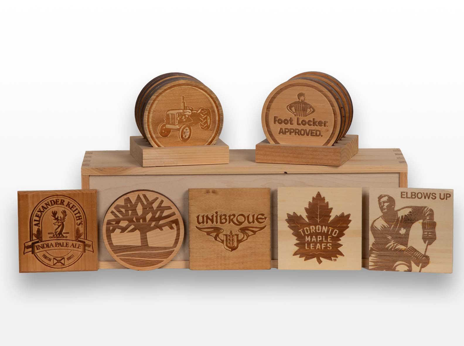 wooden coasters with an engraved logo