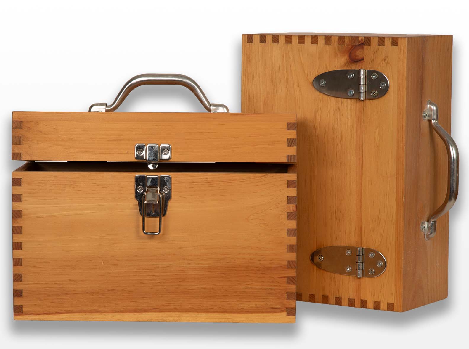 Pine document box with a metal handle and hasp