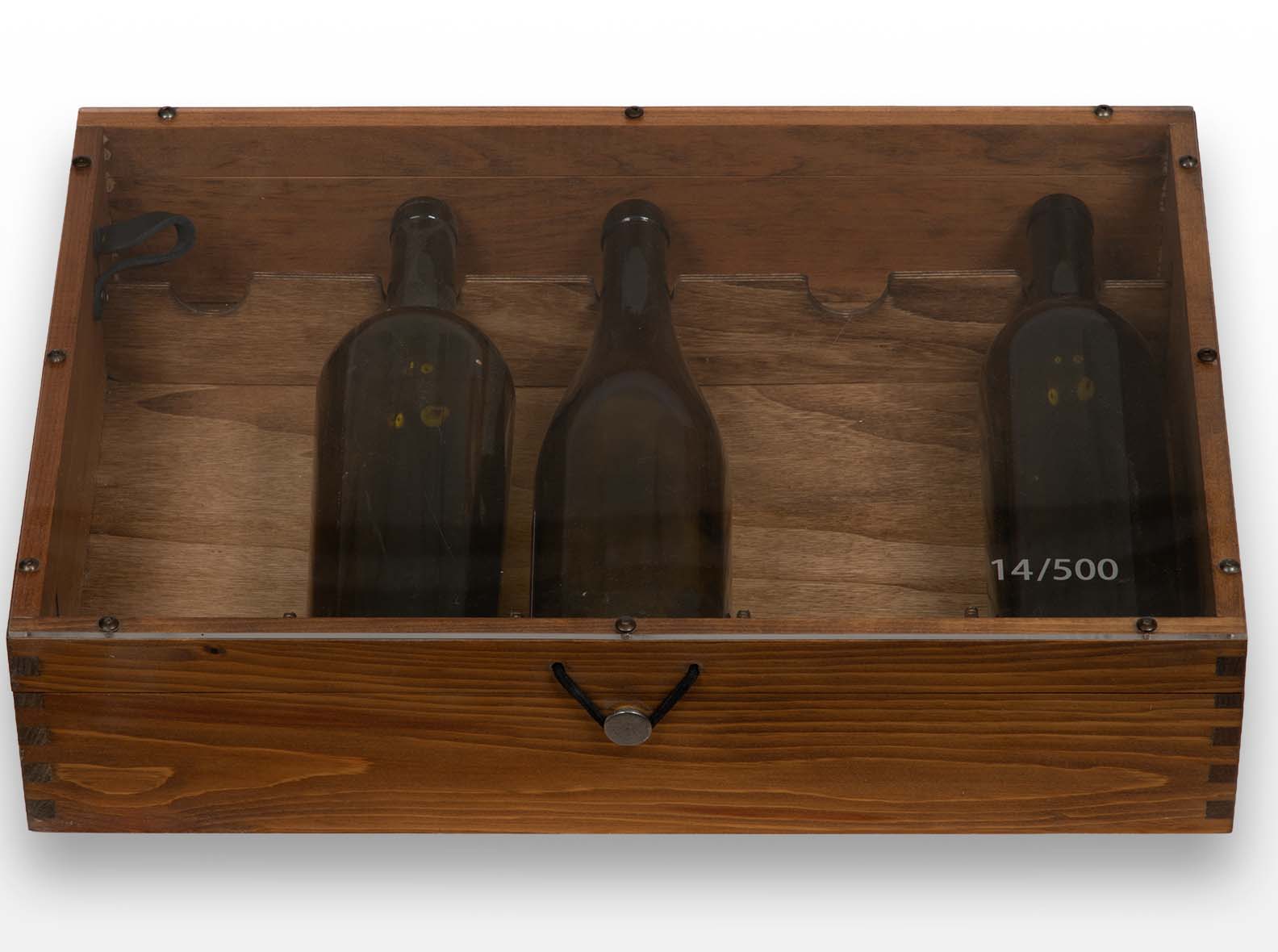 Wooden wine presentation case with an acrylic hinged lid, sequentially laser engraved.