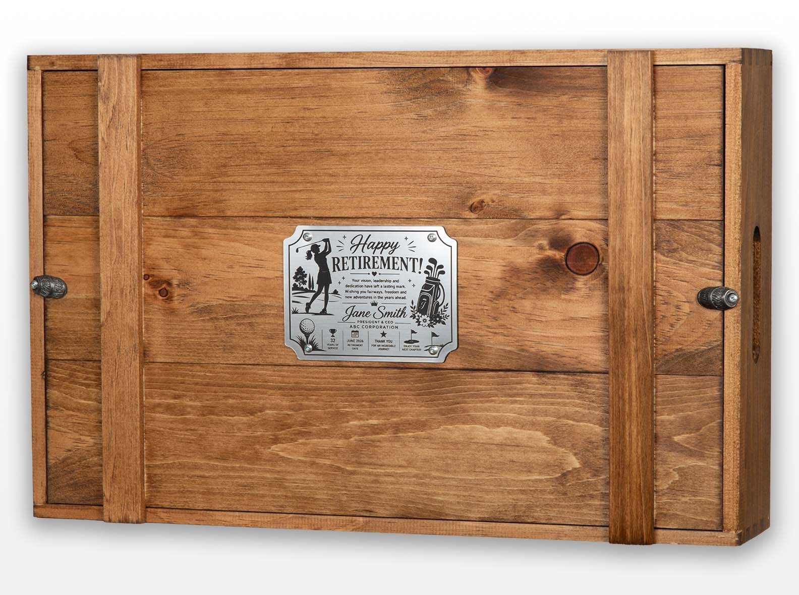 Retirement presentation case with a laser-engraved message on a brushed silver plaque, finished with environmentally friendly walnut oil.