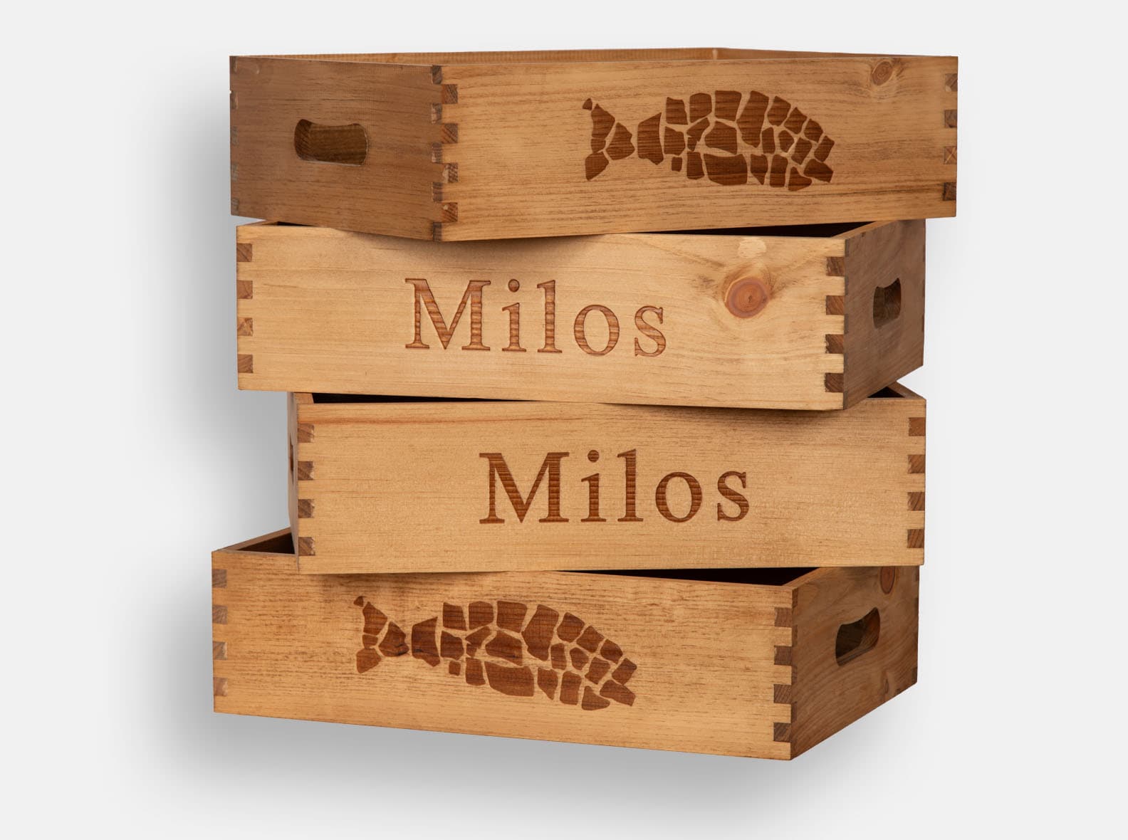 Wooden display crates with logo branding, made for fine-dining restaurant estiatorio Milos.