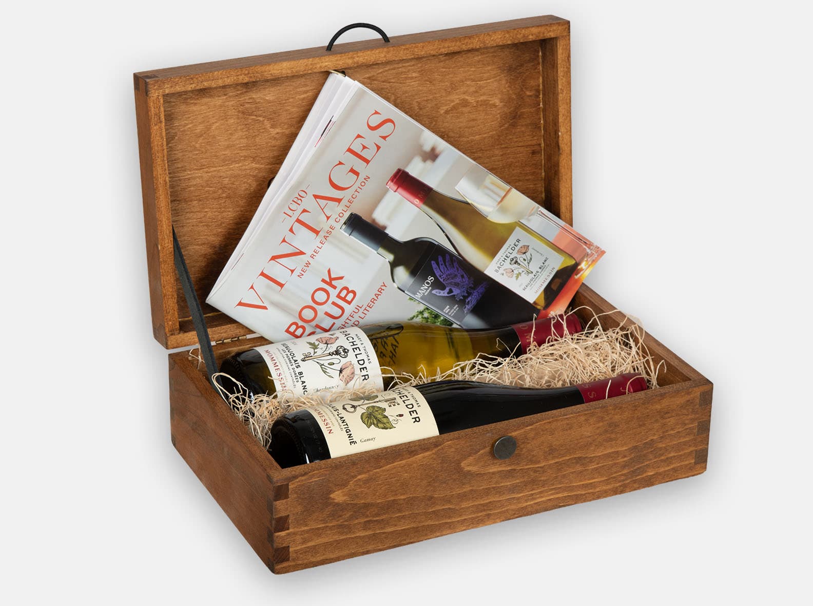 Hinged wood box for two bottles of wine.