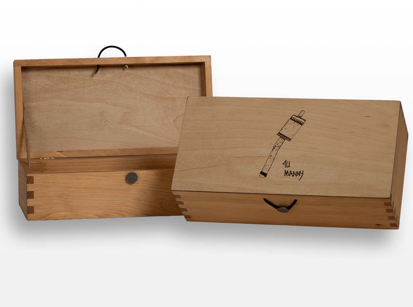 Hinged wood box with imprint brand on lid.