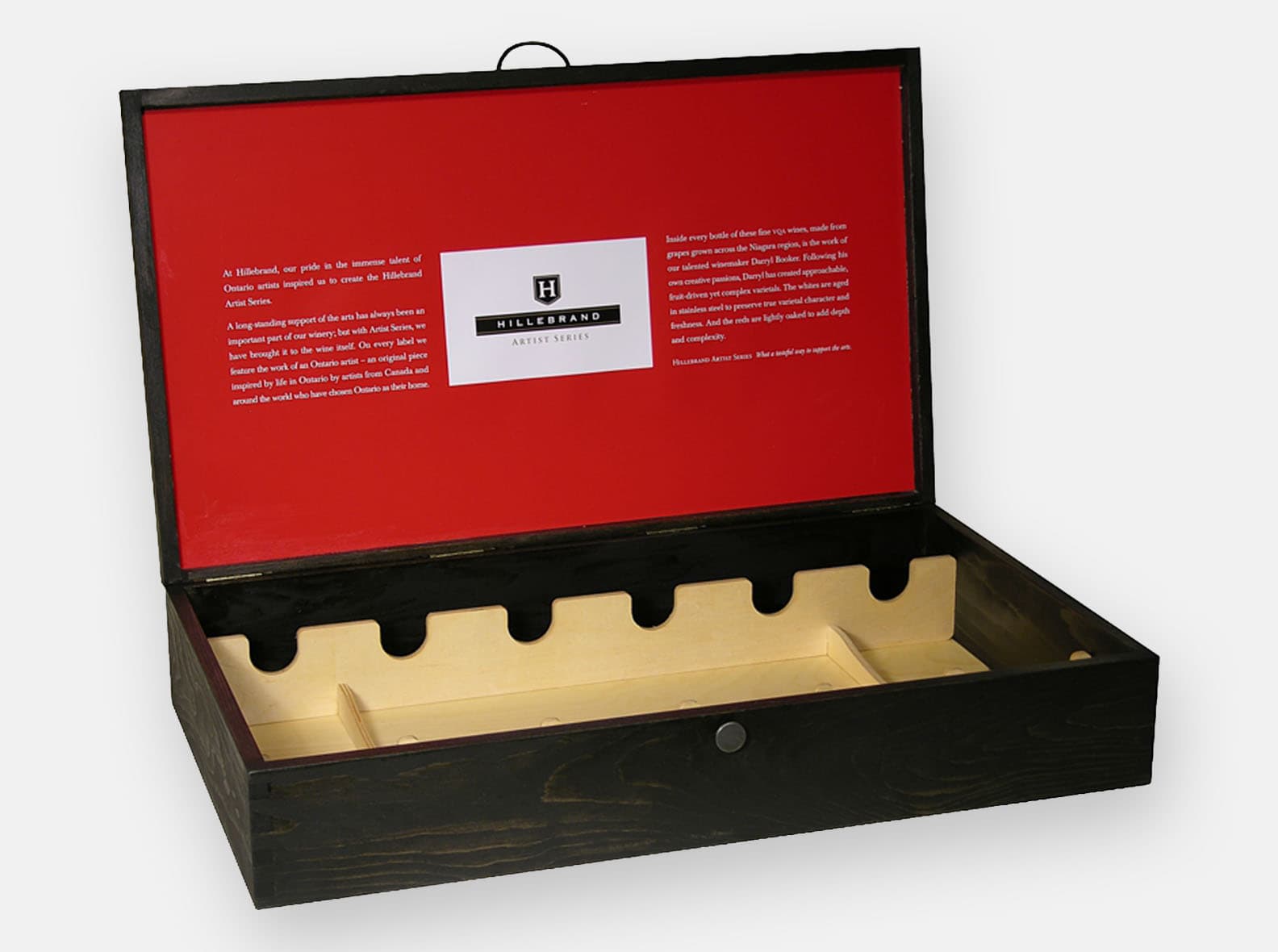Hinged wood presentation box for 6 bottles