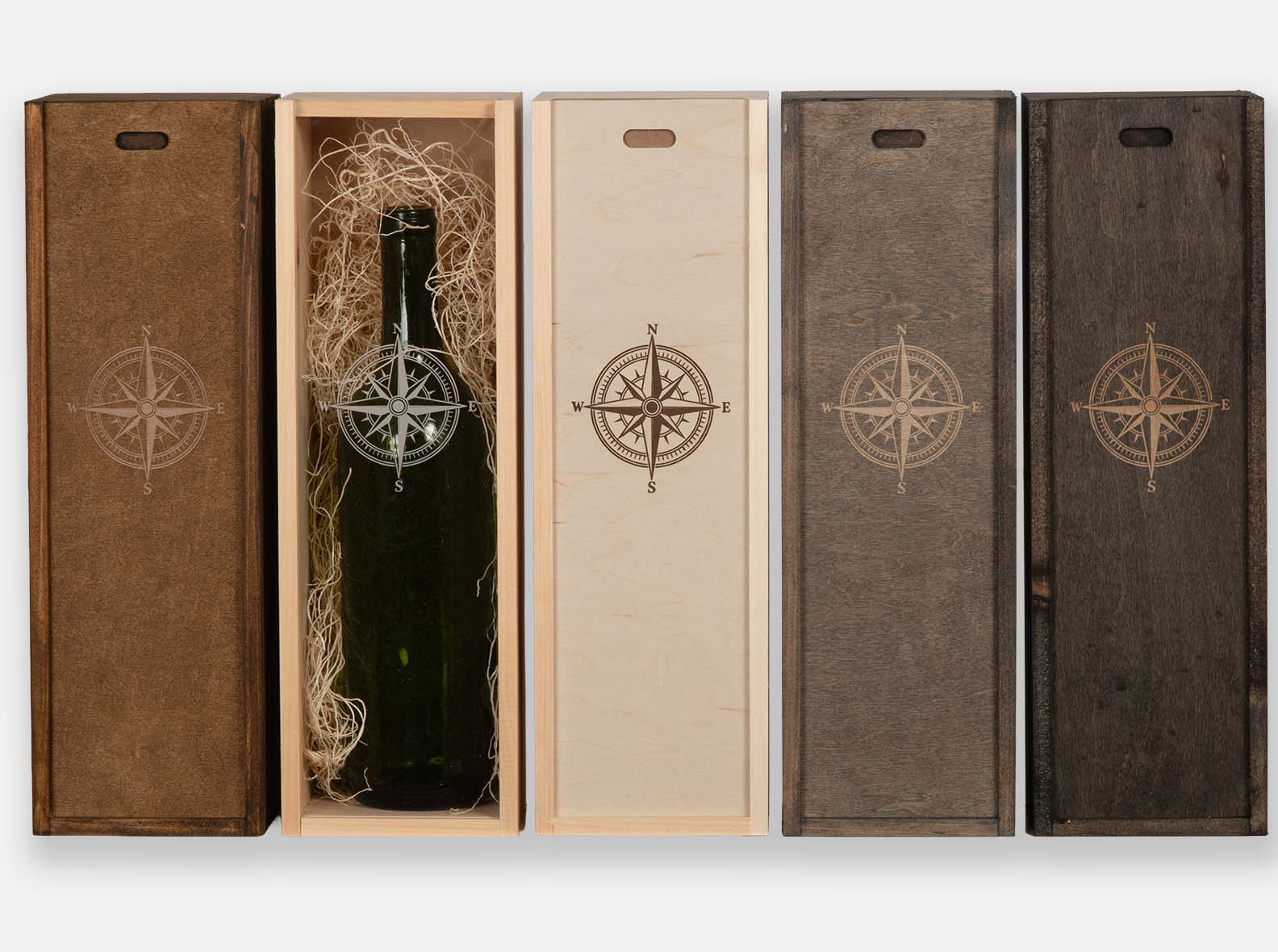 Compass engraved wood gift boxes with various stain colours and acrylic lid.