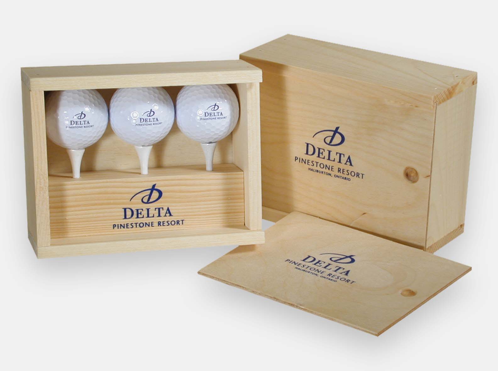 Golf ball presentation box made from wood