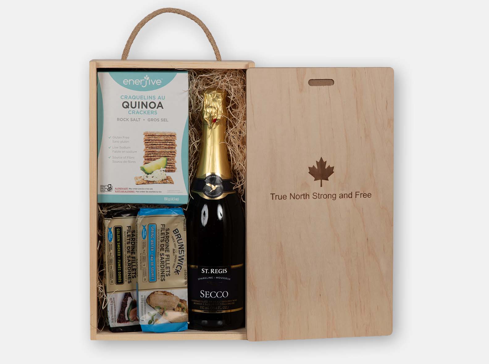 Wooden gift box with True North Strong and Free Branding