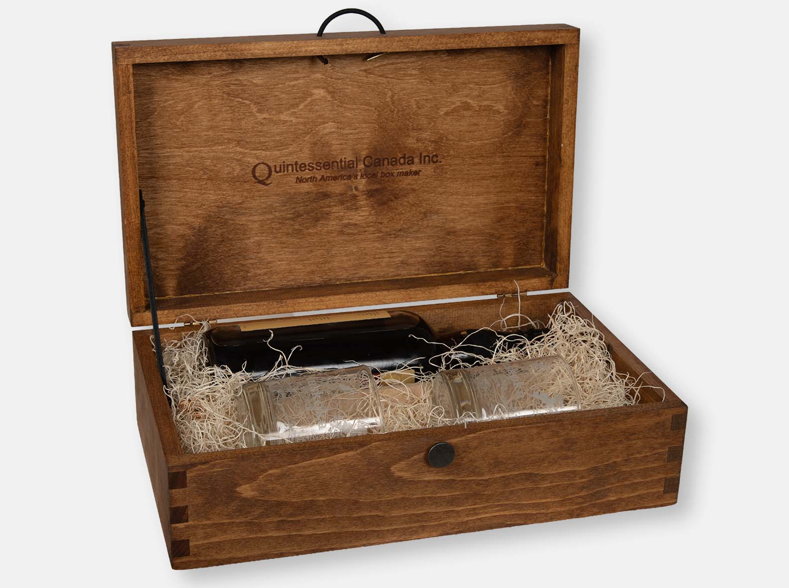 hinged wood box for bottle and glasses