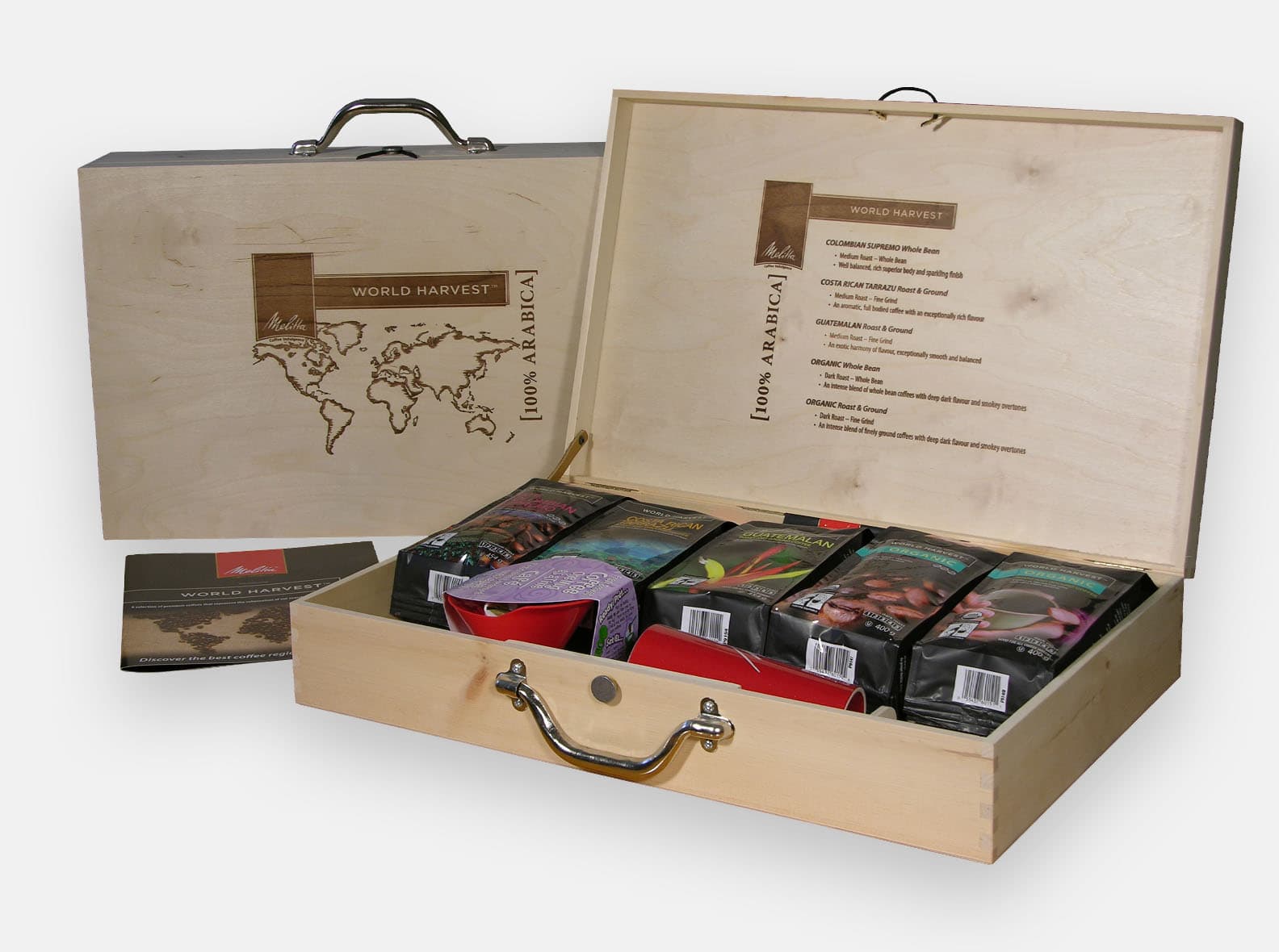 Hinged wood briefcase style display box with stainless steel handle.