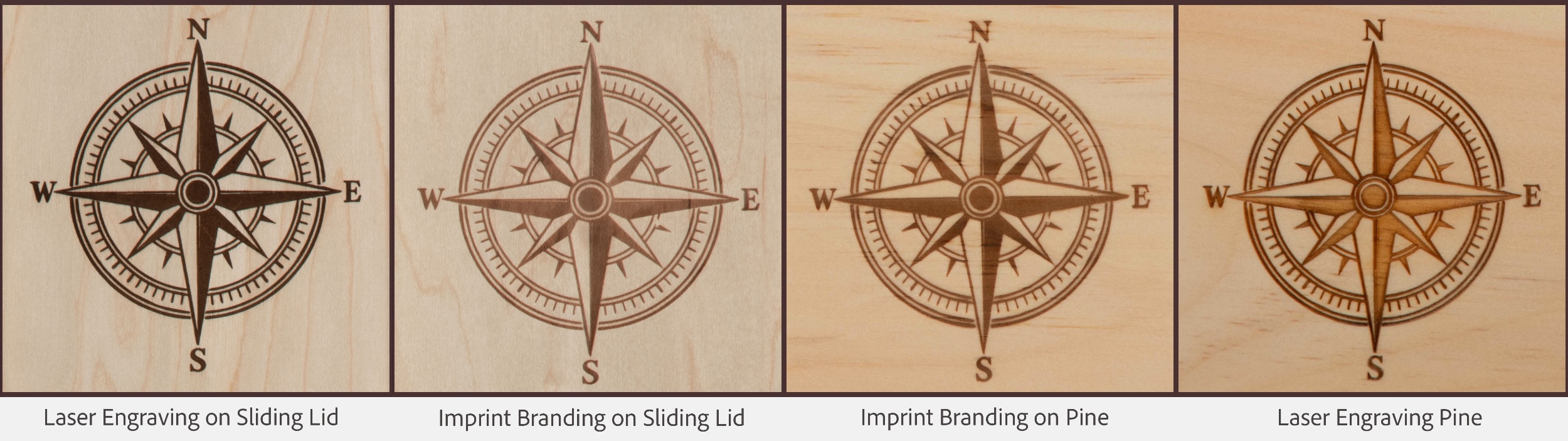 The same compass design laser engraved and imprint branded on a sliding lid and on pine, side by side