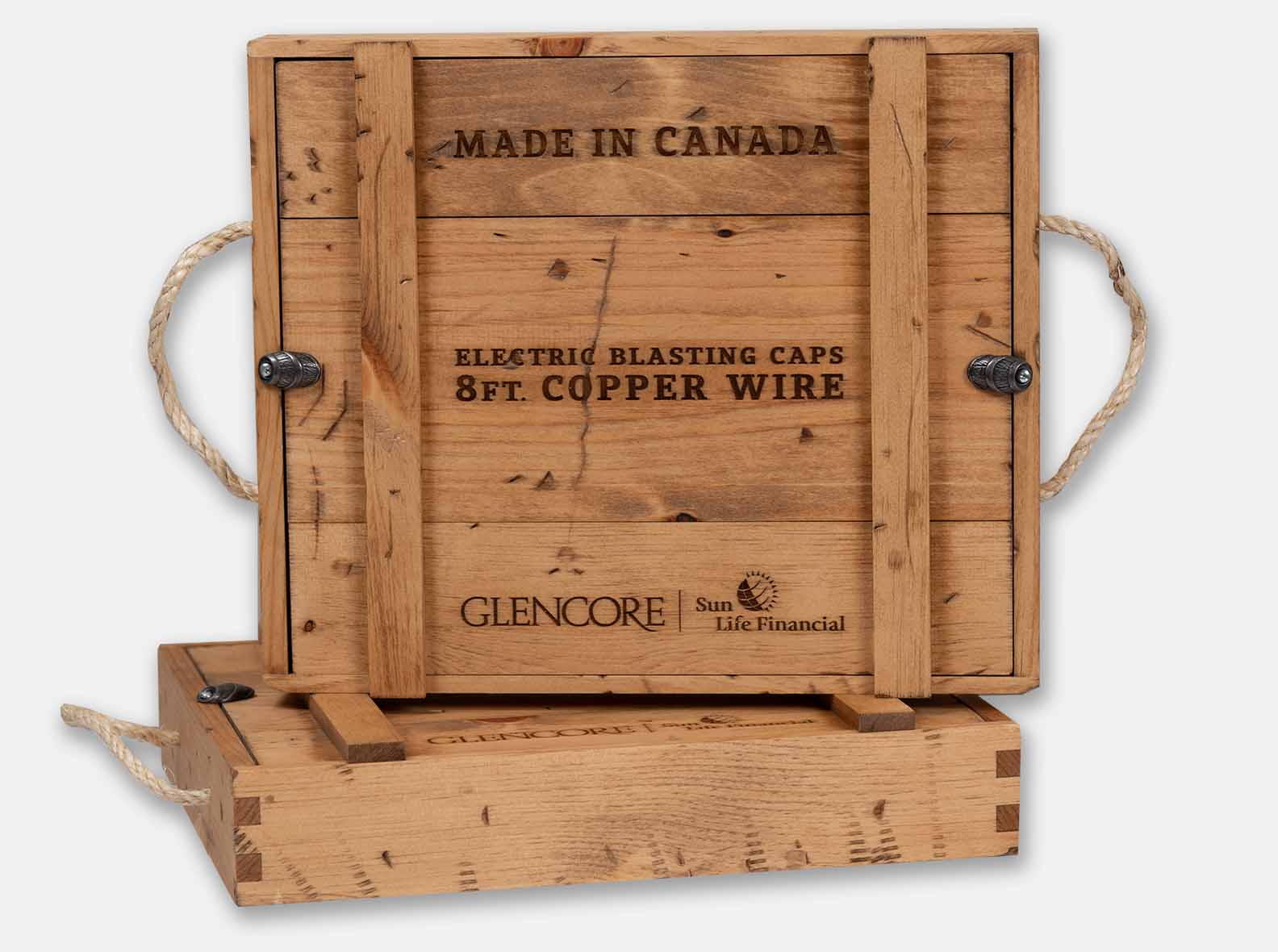 Distressed wooden presentation box with pewter barrel twists, made as a "Blasting Caps" replica.