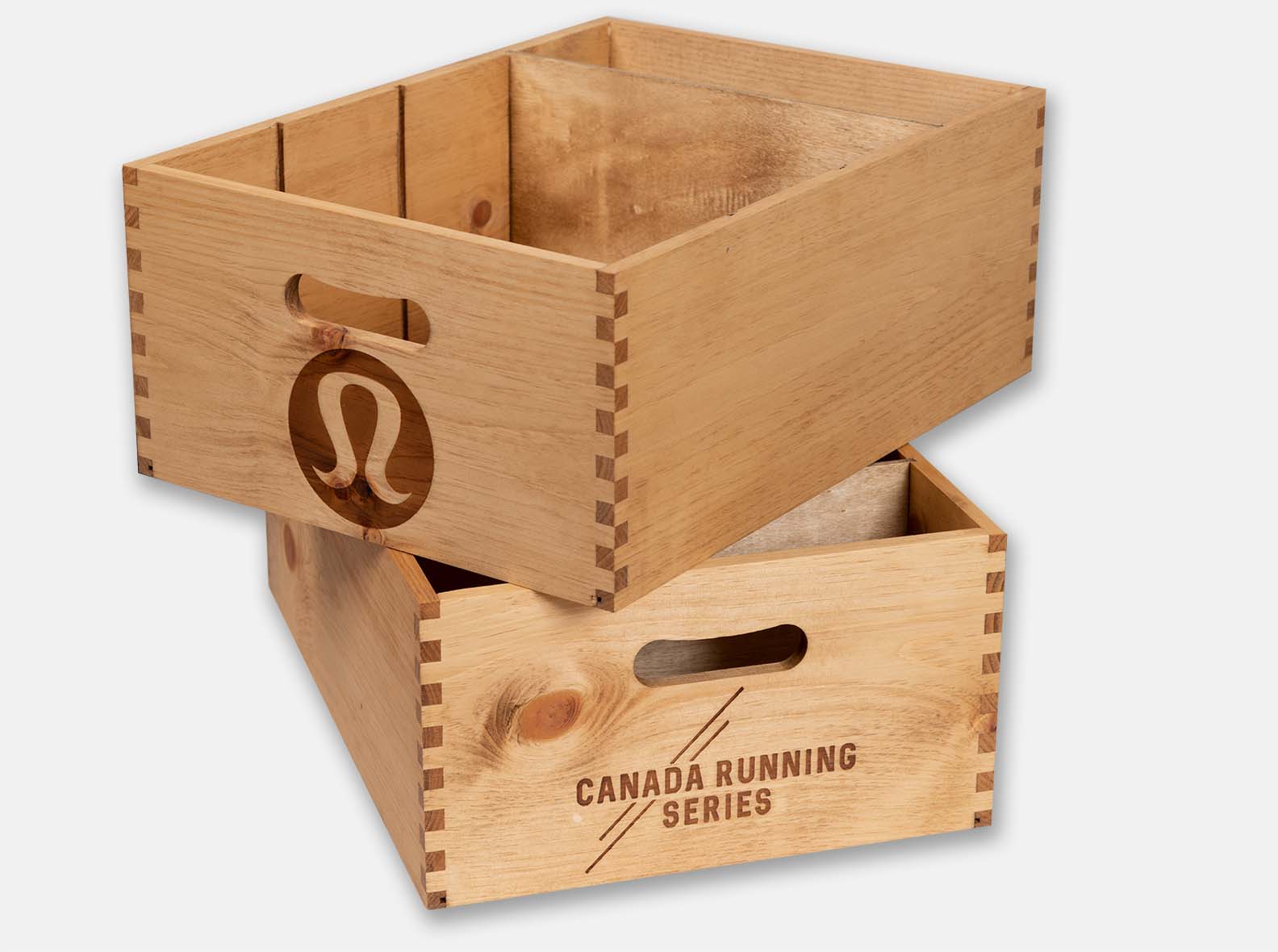 Co-branded wooden crate, made for Lululemon and the Canada Running Series.